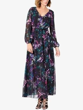 Nine West Floral Maxi Dress Womens 16 Black Long Sleeve Fit Flare Belted